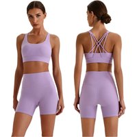 2 Piece Nylon Fitness Yoga Set Women Running Sportswear High Waist Biker Shorts Cross Back Sports Bras Gym Sets Workout Clothes