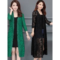 Lace Trim Open Cardigan Midi Length Summer Mesh Shawl Outer Loose Knee-Length Sun Protection Women's Outerwear V-neck Sleeve