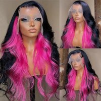 Black And Pink Highlight Long Body Wave Synthetic Lace Front Wig Glueless Wigs for Women Natural Looking Daily Wear Cosplay Wigs