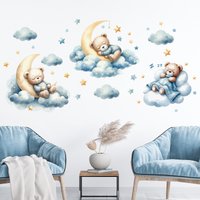 Watercolor Bear Sleep Moon Cloud Wall Stickes for Baby Room Kids Bedroom Wall Decals Nursery Kindergarten Background Wall Decor