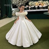 Flower Girl Dress White Satin Wedding Party Gown 3D Floral Top Kids Pageant Formal Dress for Birthday First Communion Customized