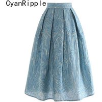 2026 New Spring Summer Light Blue Water Ripple Jacquard Fluffy Skirt Women All-match High Waist Elegant Mid-long A-line Skirts