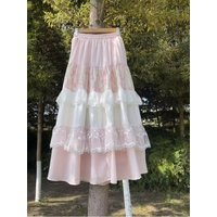 Summer Patchwork Lace High-waisted Pink Long Skirt Women Japanese Cute Design Sweet Kawaii A-line Holiday Skirts Female 2026 New