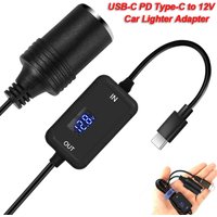 USB-C PD Type-C to 12V Car Charger Lighter Adapter with Voltage Voltmeter C 5V to 12V Step Up Socket Converter Cable
