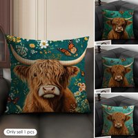 Highland Cow Wildflowers Cushion Cover Natural Linen Organic Fabric Double Sided Print Sofa Pillow Case Home Decor Gift