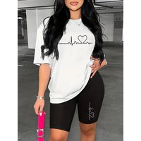 Women's Spring and Summer Fashion Casual Loose Large Size Love ECG Printed Round Neck Short Sleeve T-shirt+Shorts Two Piece Set
