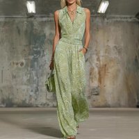 Sleeveless Jumpsuit Women 2026 Summer new Print Rompers Full Lenth Turn Down Collar Zipper Top High Slim Waist Wide Leg Pants