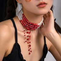 Creative Goth Red Blood Pattern Imitation-Pearl Chain Necklace Women Wedding Bridal Punk Tassel Beads Pendant Halloween Jewelry
