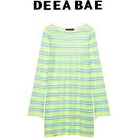 DEEABAE 2026 Summer New Women's Casual Loose Striped Knitted Mini Skirt Long Sleeve Round Neck Dress