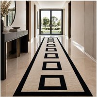 Black Border Geometric Square Ring Print Felt Runner Rug Non Slip Modern Minimalist Long Hallway Mat
