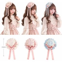 Women Lolita Bonnet Hat Vintage Mini Ruffled Lace Floral Headpiece Pink Ribbon Bow Sweet Kawaii Hair Accessory Cosplay Costume