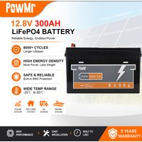 PowMr 12.8V 300Ah Best Selling LiFePO4 Battery 3840Wh Built-in BMS 6000+ Cycles 200A Max Charge Discharge Current Deep Cycle Lithium Battery for Solar RV Marine Solar System Off-grid Energy Storage