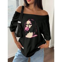 Large Pink Art Mona Lisa Bubble Gum Printed T-shirt with Large Y2K Style Pattern for Women's Top, Summer Off Shoulder Top