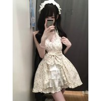 Vintage Japanese Halter Neck Dress Women Y2K Sweet Lolita Ruffle Sleeveless Cami Mini Dress Casual Street Daily Party Wear