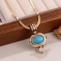 Vintage Turquoise Pendant Snake Chain Necklace for Women, Bohemian Style Flat Chain Choker Jewelry