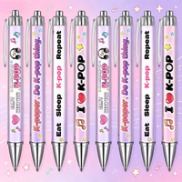 8pcs Pink & Purple K-POP Themed Ballpoint Pens, Black Ink, Heart Design. Suitable for K-POP fans, students and gifting.