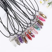 10Pcs Resin pebble natural stone hexagonal prism pendant with adjustable black leather cord, synthetic crystal necklace set.