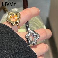 LIVVY Silver Color New Trendy Elegant Creative Hollow Geometric Sparkling Zircon Rings for Women Party Jewelry