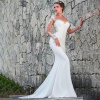 Customized Long Sleeves Sheer Lace Appliques Mermaid Wedding Dresses Bridal Gowns See Through Back With Buttons Back Simple