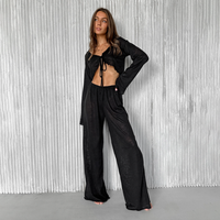 HiLoc Sexy V-Neck Knitted Thin Trousers Pajamas Women Casual Lace-Up Crop Tops With Loose Long Pants Sleepwears White Suits 2026