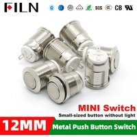 FILN 5pcs 12mm Momentary Push Button Switch 12V Waterproof Power Pushbutton Small Round Chrome Stainless Metal 2pin N/O