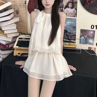 Aura French Style Halter Drawstring Bow Mini Dress Women's Clothing Solid Color Summer Sleeveless Waist Stylish Folds Dresses