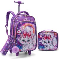3PCS Set Rolling Backpack For Girls, Purple Cute Cartoon Kitty Cat Sequin Design, Wheeled Bags With Lunch Box And Pen Bag-Red