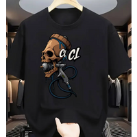 Men Skull Spray Paint Gun Graphic T-Shirt - Edgy Streetwear Black Tee with Blue & White Urban Art Print Round Neck