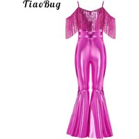 Halloween Kids Girls Hippie Costume Tassels Unitard Bell-bottom Long Pants Bodysuit Jumpsuit for Disco Dance 60s 70s Rave Party