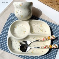 Floral Patterned Plate Set Cute Ceramic Hand-held Cup Spoon Microwaveable Breakfast Tableware Coffee Latte Art Cup Creative Gift