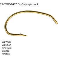 Eupheng 100pcs EP-TMC2487 Dry Fly Hook Nymph Fishing Hook Fine Wire 2X Wide Bronze Fly Fishing Hook
