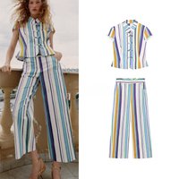 Women's Summer Fashion Set Short Sleeve round Neck Rope Knot Decorated Top with Nine-Piece Straight Leg Pants Stripe Pattern