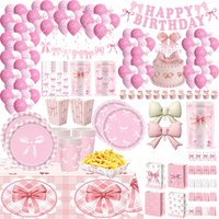 Bow Birthday Decorations Tableware Set Plates Cup Napkin Balloon Banner Cake Topper Gift Bags Bow Theme Birthday Party Supplies