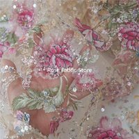 Embroidery Pink lotus Lace Fabric, Sequins Beaded Applique flower for Formal Dress, gown, Celebration, Couture,Girl dress
