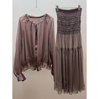 Vintage gray purple silk women's set elegant lace up round neck shirt and elastic waist pleated long skirt two piece set