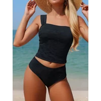 Black Jacquard Textured 2 Piece Women Beach Swimsuit Set