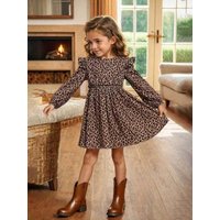 Elegant four season leopard print long sleeved ruffle edge dress for girls, slim knit fabric with flared ruffle edge details