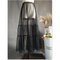 Spring Summer New Mesh See Through Tulle Skirts Women Korean Fashion Black White Elastic High Waist Cover Up Ruffled Skirt