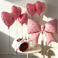 6Pcs/Set Pink Heart Print Bow Aluminum Foil Balloon Set Aluminum Foil Balloons Suitable for Wedding Birthday Party