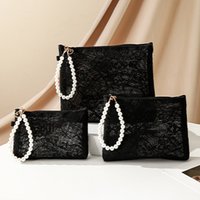 Lace Flower Small Makeup Bag with Pearl Chain Women Cosmetic Pouch Travel Organizer Handbag Portable Phone Keys Coin Purse Case