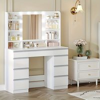 Dressing Table with 10 LED Light Globes, Vanity Desk with 1 Large Drawer And 8 Small Drawer Cabinets, Adjustable Brightness, Large HD Mirror, 9 Open Storage Areas, White,, Jewelry Cabinet, Accessory