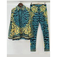 Designer Retro Geometric Print Loose Shirt Two-piece Set Spring Women's Clothing + Knitted Stretch Small Leg Pants Fashion Set