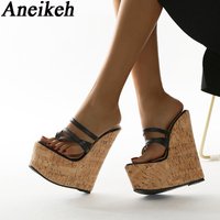 Aneikeh 2025 Summer Wedges Platform High Heel Fashion Slip On Rome Narrow Band Party Shoes Sexy Slippers Women Femmes Chaussure