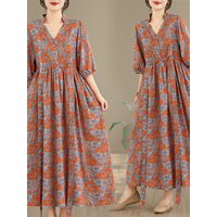 Loose Fit Floral Print V-Neck High Waist Cotton Linen Dress for plus Size Women Belted Slimming Maxi Skirt Button up Summer D...