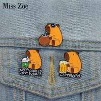 Capybara Drinking Enamel Pins Custom NO TROUBLES JUST BUBBLES Brooches Lapel Badges Clothes Animal Jewelry Gift for Kids Friends