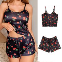 Summer Women's Cherry Print Pajama Set Sexy Ice Silk Sleeveless Vest and Shorts Girls Casual Cute Printed Sleepwear for Lounging