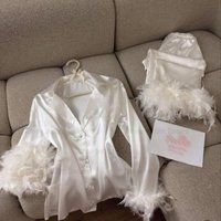 Bride Pajamas Bridal Party Pjs Satin Long Sleeve Pajamas Luxury Bridesmaid Gifts Women Wedding Feather Cuff 2 Piece Loungewear