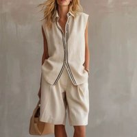 Summer Fashion Solid Linen Blend Two Piece Sets Women's Casual Single Breasted Sleeveless Shirts Top & Shorts Loose Beach Set