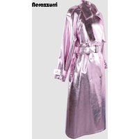 Nerazzurri Autumn Winter Luxury Long Hard Bright Pink Shiny Reflective Patent Faux Leather Trench Coat for Women Belt Overcoat
