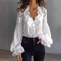 Boho Spring Summer Black White Blouses Women's Fashion Lace Spliced Puff Sleeve Pleated V-neck Casual Shirts Women New Clothes